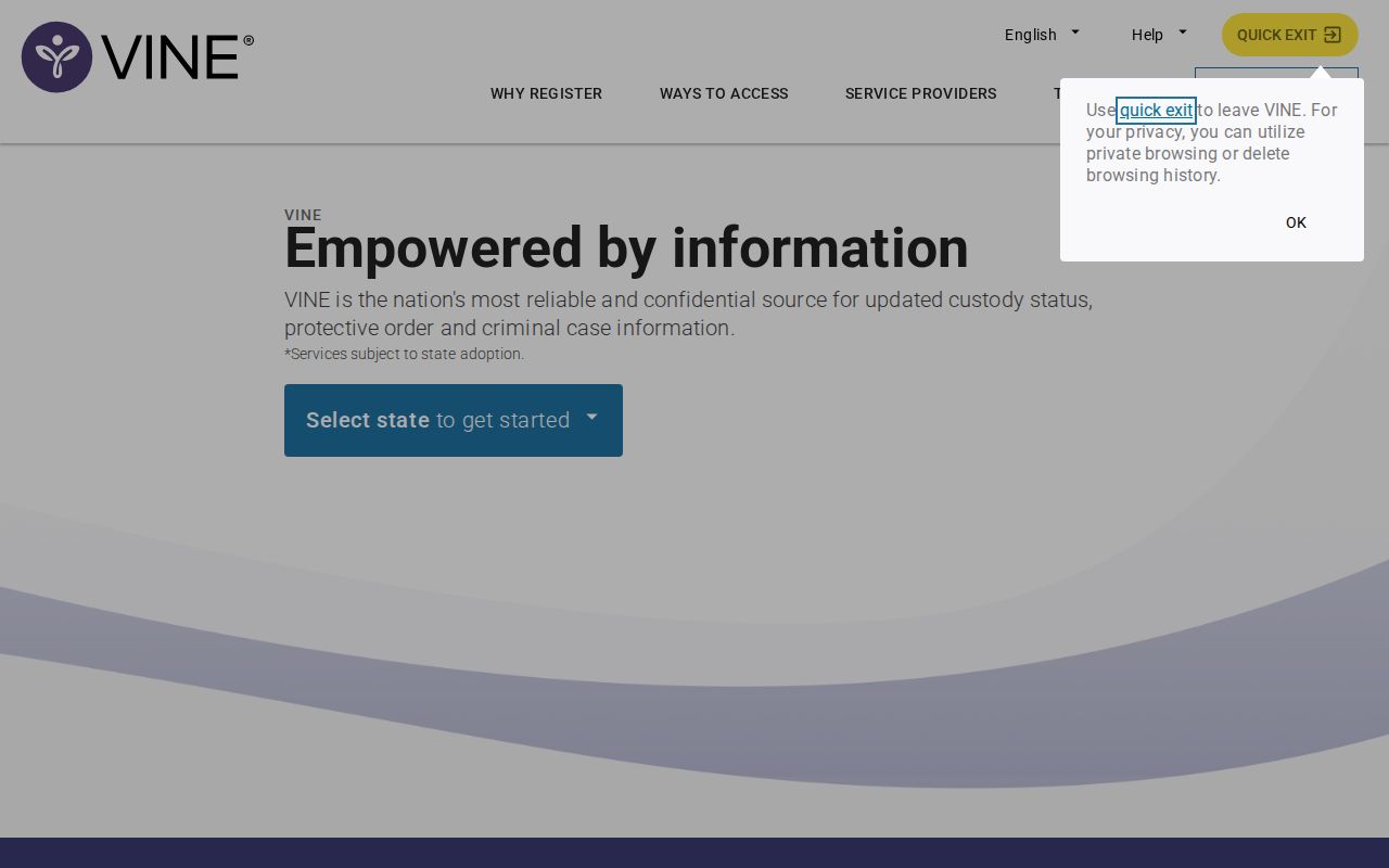VINELink registration interface for custody change notifications