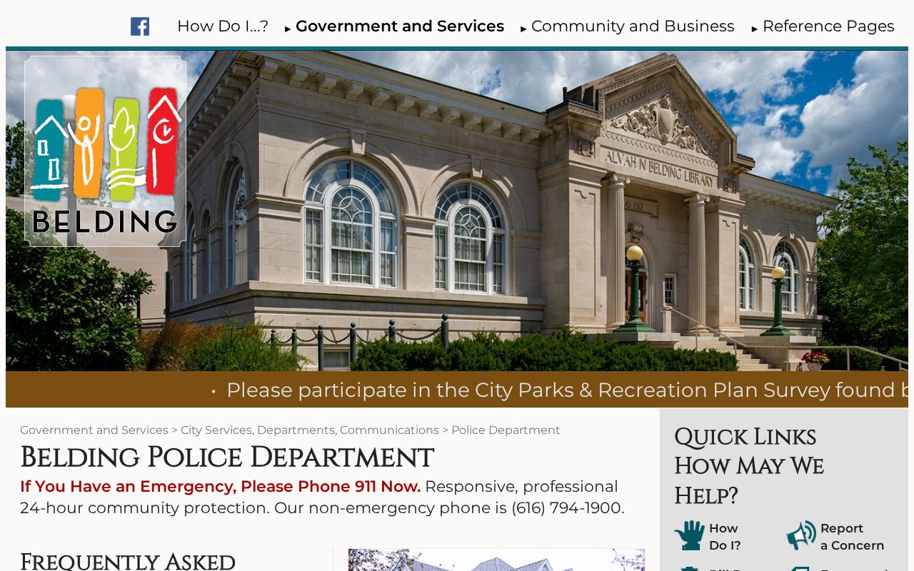 Belding Police Department page without a public recent arrest blotter