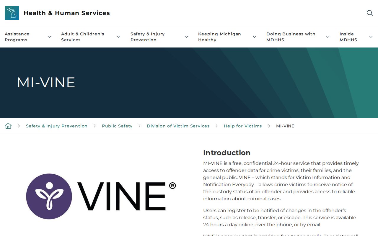 Official Michigan VINE page explaining custody notification service