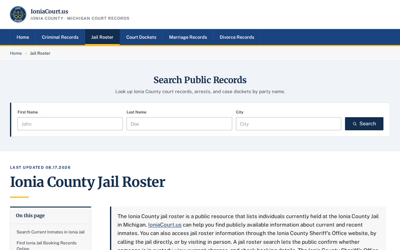 Unofficial IoniaCourt jail roster directory shown with a staleness warning