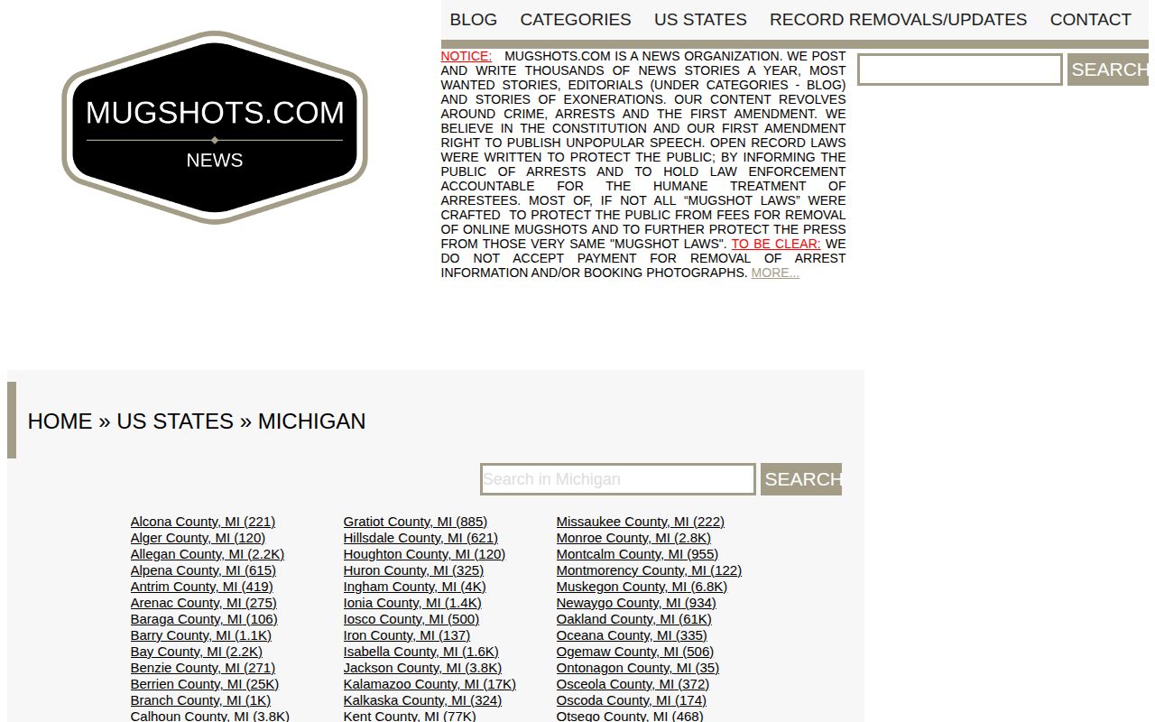 Unofficial Michigan mugshot source showing Ionia County