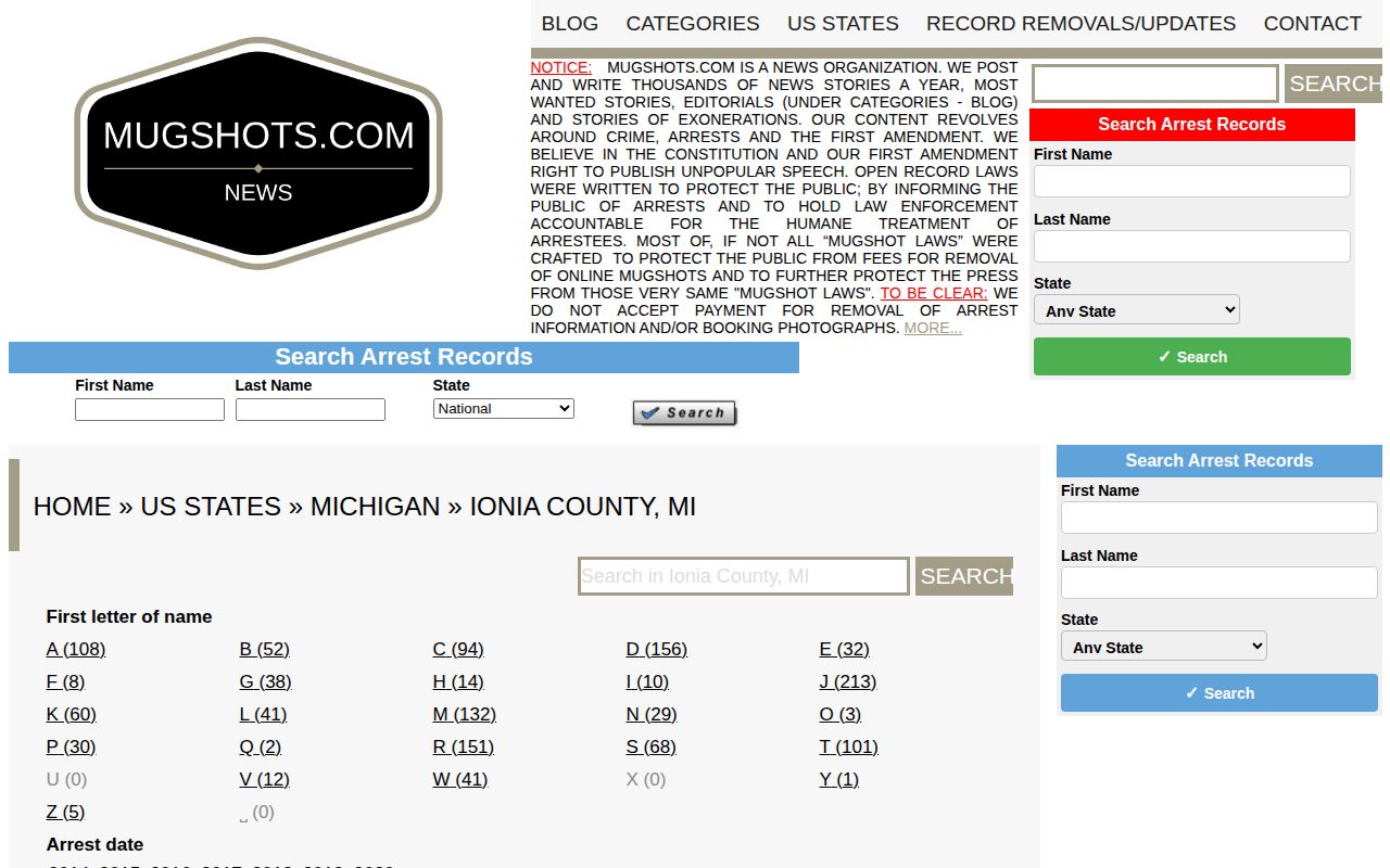 Unofficial Mugshots.com Ionia County section captured for source comparison